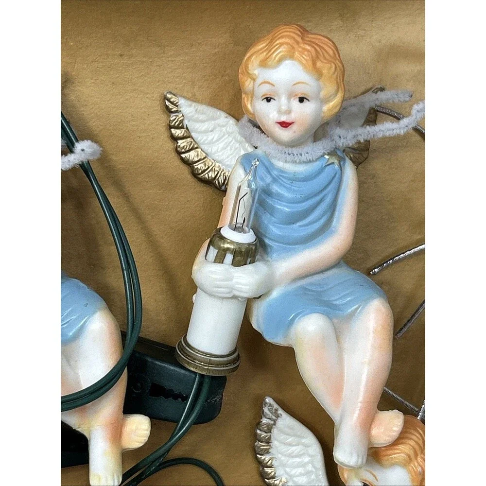 Silvestri Christmas String Light Angel Cherubs 10 Blow Mold Candle & Clips READ